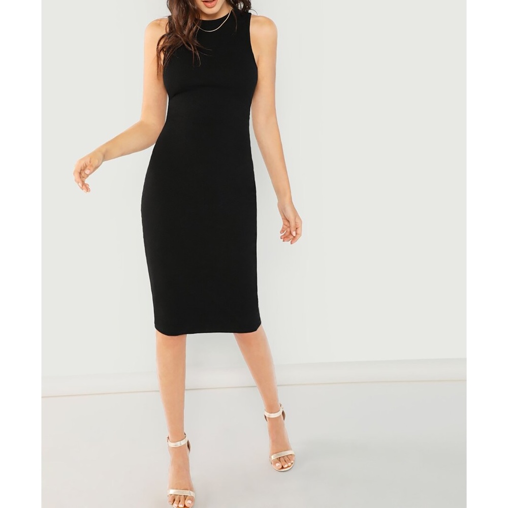 Black Sleeveless Solid Ribbed Bodycon Midi Dress